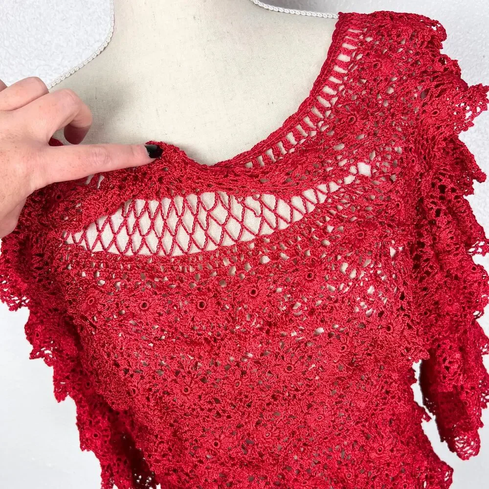 Anea A Red Crochet Lace Ruffle Sleeve Top S/M Boho Romantic Y2K Cottagecore - Picture 3 of 8